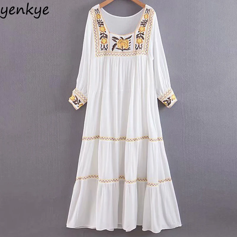 

Holiday Summer Dress 2019 Women Floral Embroidery Boho Dress Female Square Neck Long Sleeve A-line Casual Long Maxi Dress