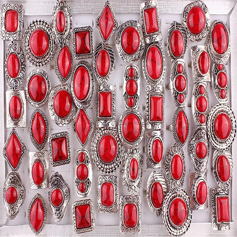 

QianBei Retro Style Red Natural Stone Rings Silver Plated Ring 30pcs/Lot Wholesale Luxury Bohemian Jewelry Adjustable For Female