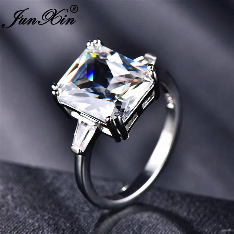 JUNXIN Female Austrian Crystal Princess Cut Stone Wedding Rings For Women 925 Silver Filled Big White Zircon Engagement Jewelry