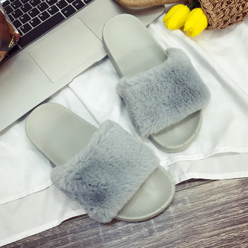 

DIWEINI Fur Slippers Women Fur Slides Home Furry Flat Sandals Female Cute Fluffy House Shoes Woman Brand Luxury 2019