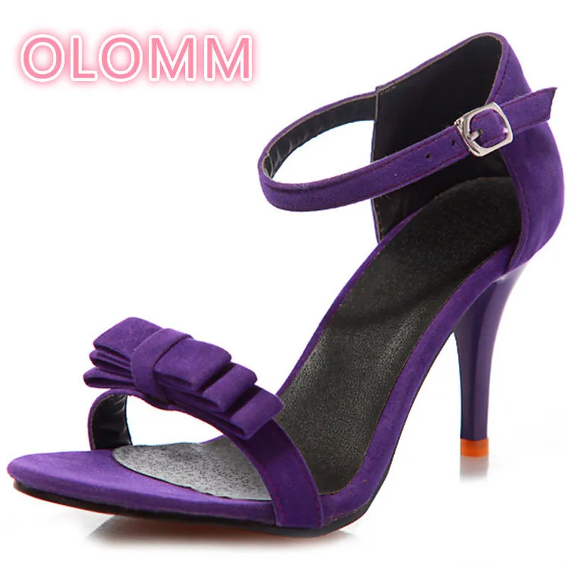 

High Heels Sandals Pumps Shoes Woman Open Toe Bowties Charms Large Size 34-43 Black Green Purple Ladies Shoes