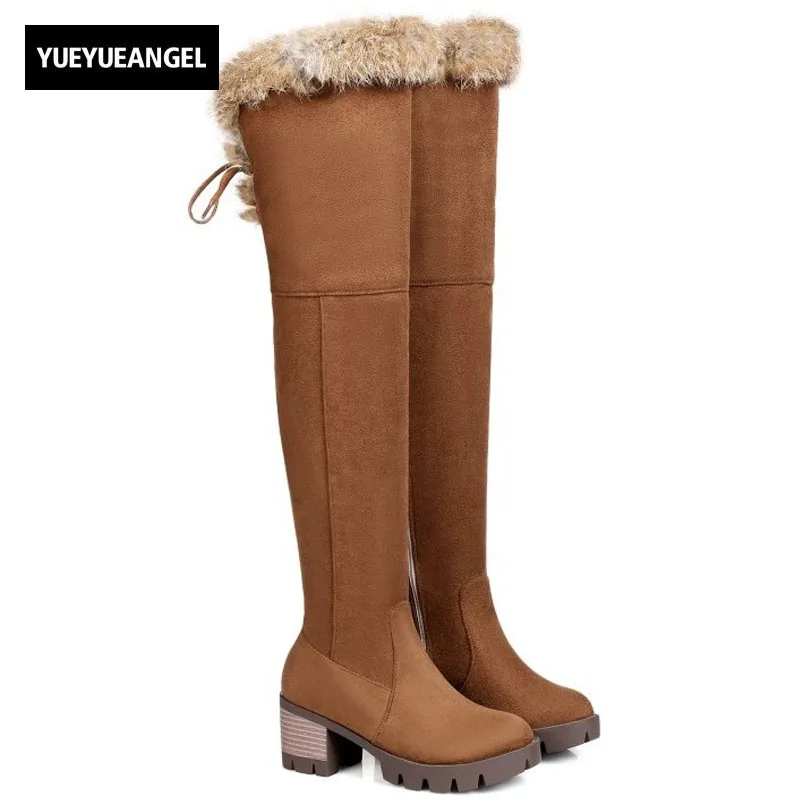

Winter Kawaii Rabbit Fur Trim Womens Shoes Warm Over Knee Snow Boots Block High Heel Female Footwear Faux Suede Knight Boots