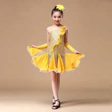 Детская Одежда для танцев с рукавами и блестками, латинские платья для девочек, детское танцевальное платье с открытой спиной и бахромой