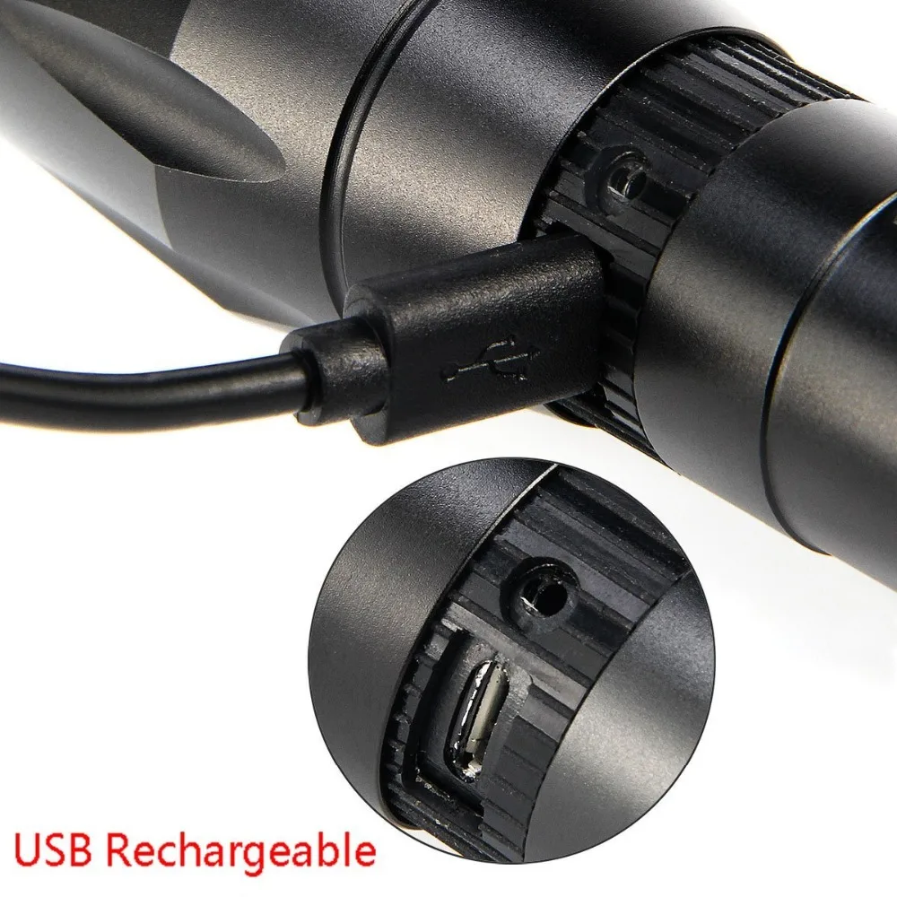 Lanterna de Luz de Caça Ultrafire Novo Carregamento Usb 1800 Lumen Zoom Cree Foco Xm l l2 5 Modos Táticas Tocha Tático Interruptor Brilho 6 UltraFire NOVO Carregamento USB 1800 Lumen Zoom