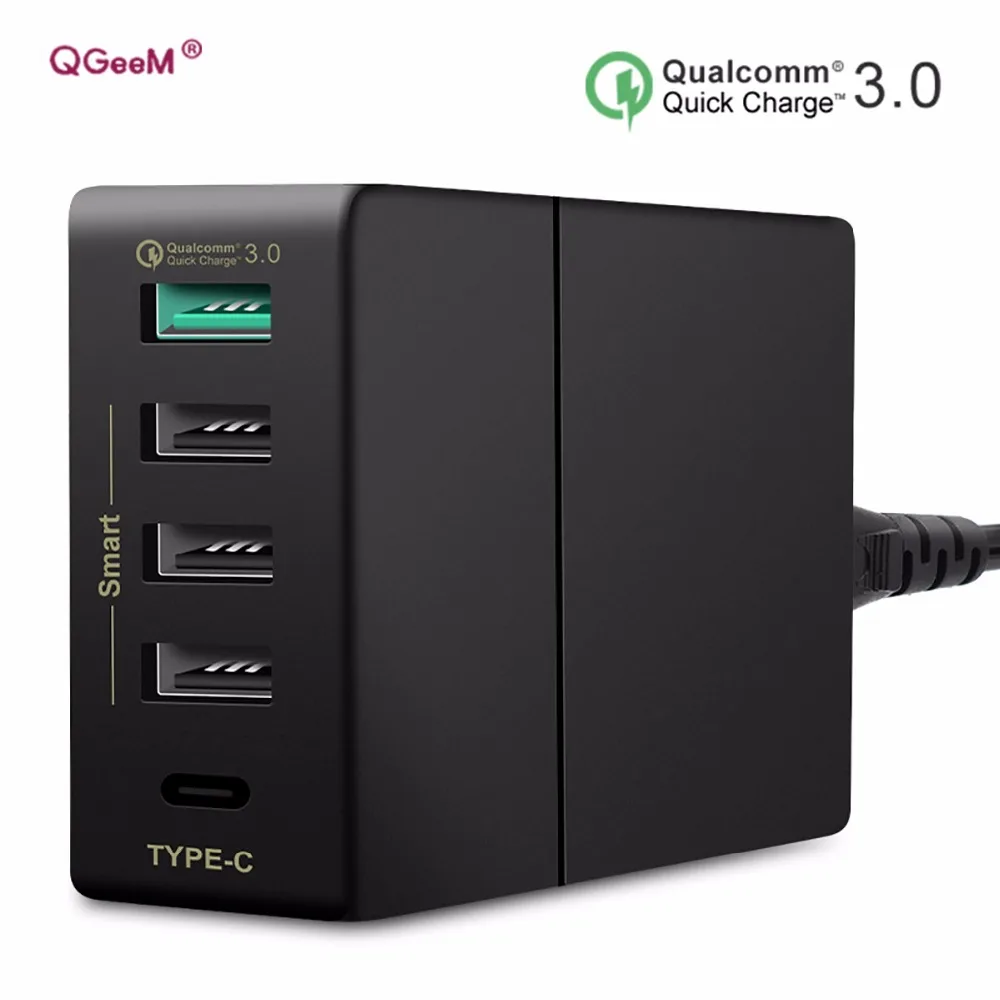 Koop QGeeM USB Charger 5 Poorten QC3.0 Type C Quick Charger 5V2. 4A 9V2A 12V1. 5A US Plug Desktop USB Charger voor Laptop Mobiele telefoon