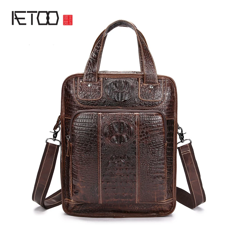 

BJYL Leather men's crocodile pattern handbag shoulder bag leisure first layer cowhide oil wax leather business men bag