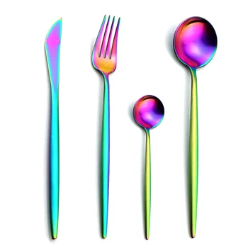 

24 Pcs Rainbow Purple Dinnerware High Quality 304 Stainless Steel Knife Fork Spoon Cutlery Kitchen Food Tableware Flatware Set