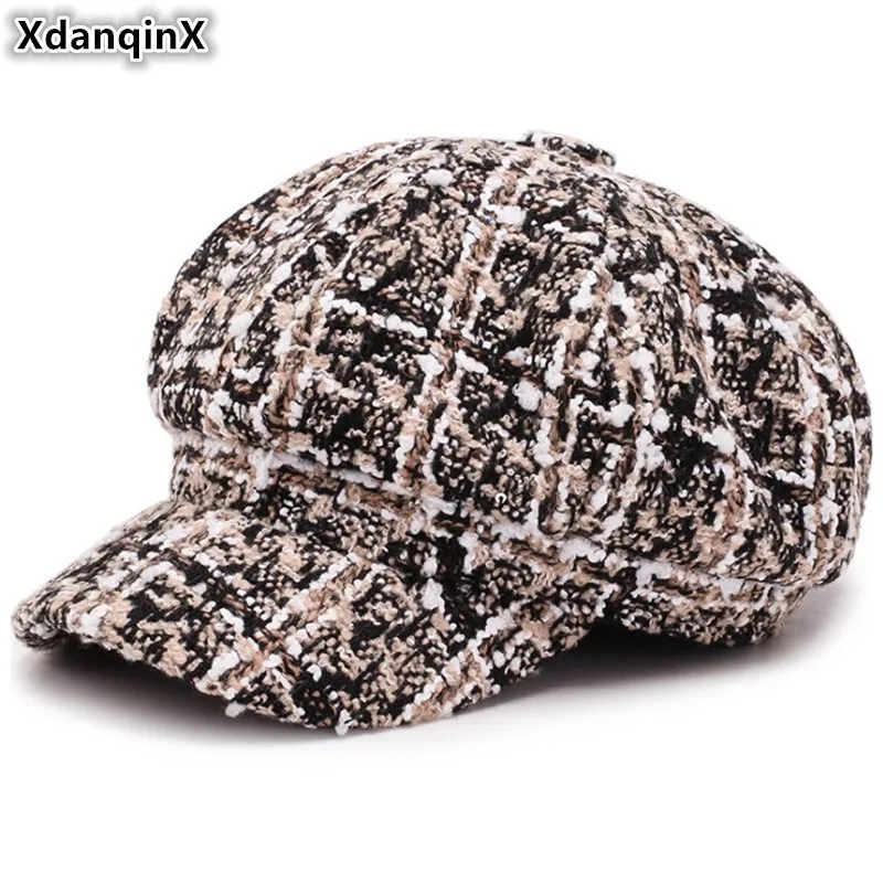 XdanqinX женские осенне-зимние модные ретро шапки Newsboy стиль плед Джокер женский берет шапка теплые винтажные женские зимние шапки