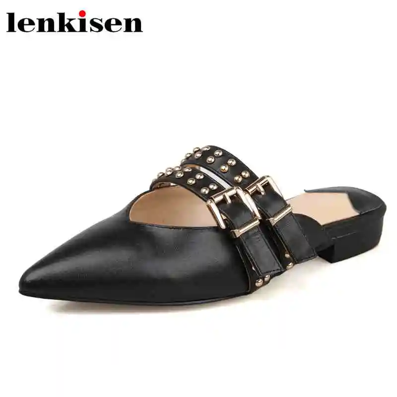 

Lenkisen oxford metal buckle rivet full grain leather slip on low soft bottom pointed toe mules sexy fashion women sandals L36