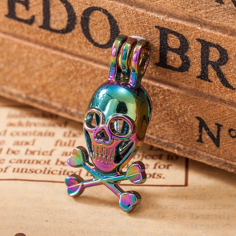 

Rainbow Color Alloy Pearl Beads Cage Pendant Skull Design Essential Oil Diffuser Jewelry Necklace Making DIY 5pcs