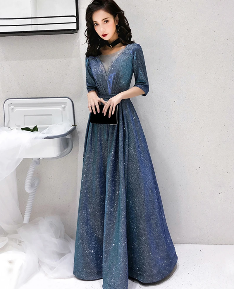 Evening Dresses Long Pretty Sexy Friendly Fabric Half Sleeves O-neck Ruched Beading Sparkle New Formal Party Gowns 2019 Evening Dresses Long Pretty Sexy Friendly Fabric Half Sleeves O-neck Ruched Beading Sparkle New Formal Party Gowns 2019