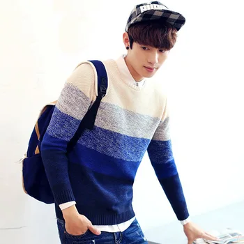 

New men's sweater, men's fashion, round collar, striped sweater, men's sweater.