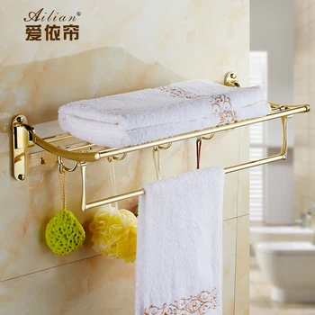 

Golden Antique Polished Bathroom Shelf Towel Rack Holder With Clothes Hooks Wall Mount Towel Bathroom Hardware Accessories Et10