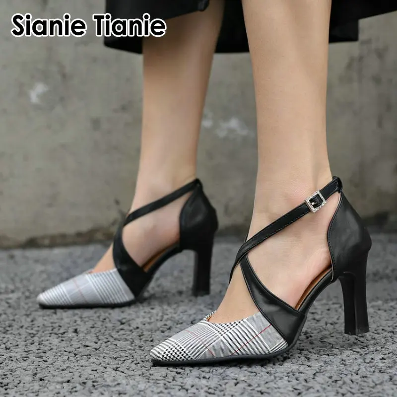 Sianie Tianie summer plaid checked cover toe super thin high heels woman shoes cross strap sexy women gladiator sandals