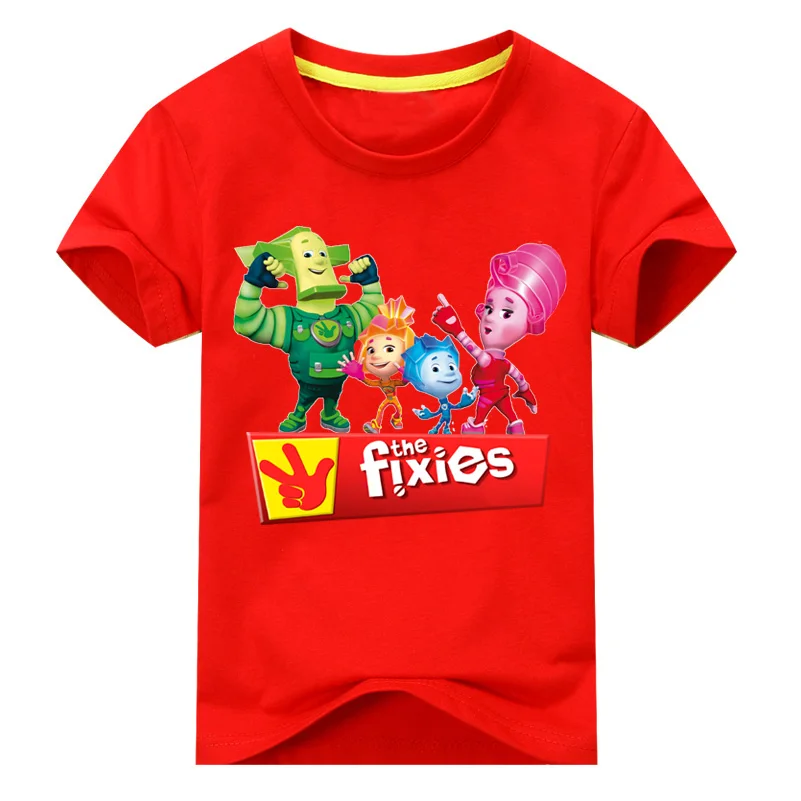 Костюм футболки с рисунком Фиксики для мальчиков и девочек детская летняя футболка с короткими рукавами Детская Хлопковая футболка; DX122