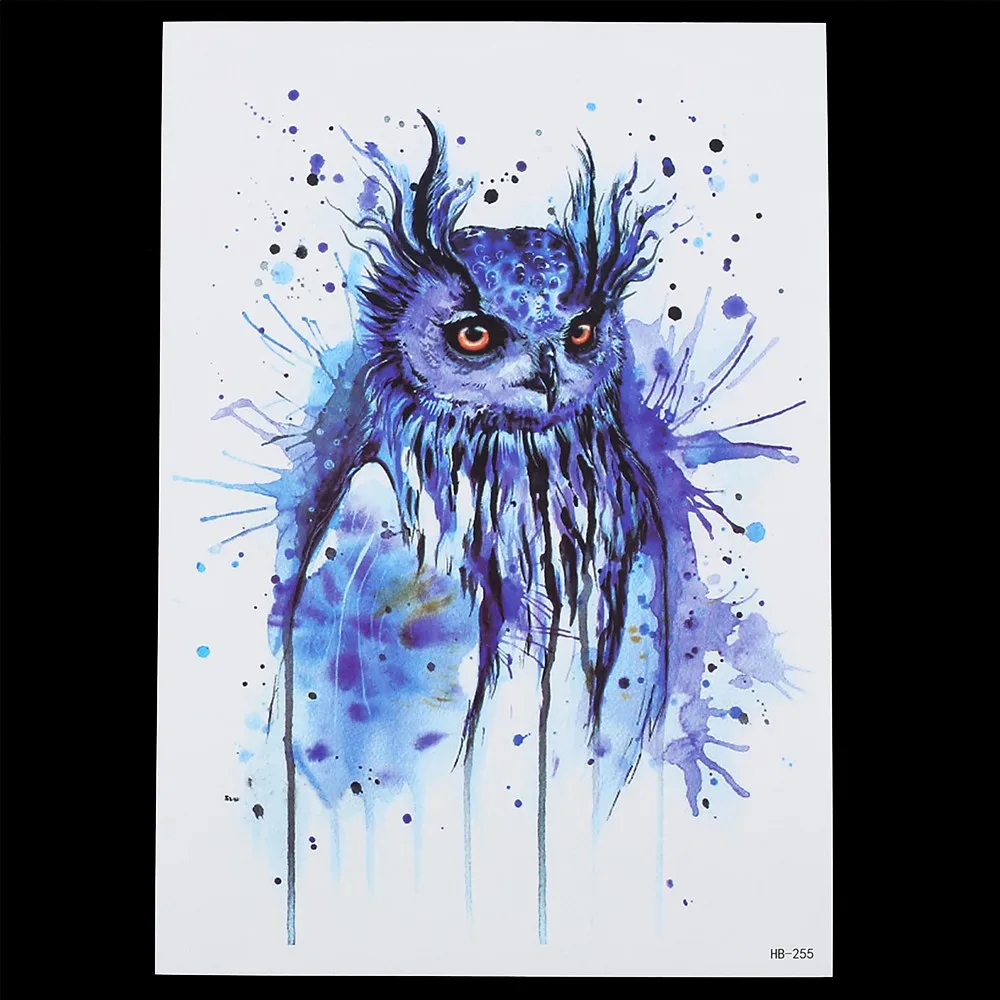 1 Sheet Mysterious Fake Blue Owl Pattern Drawing Design Tattoo HB255 Waterproof Temporary Women Men Body Back Art Tattoo Sticker
