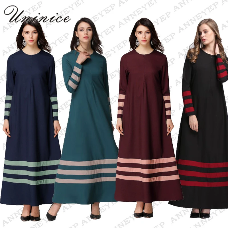 Uninice/в полоску длинные мусульманское платье для Для женщин Абаи Дубай одеяние мусульмане мусульманских женское платье фотографии Ислам