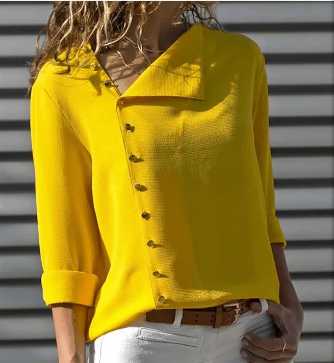 

Mr.nut new 7-color button decoration irregular oblique collar long-sleeved blouse oblique collar commuter style style shirt