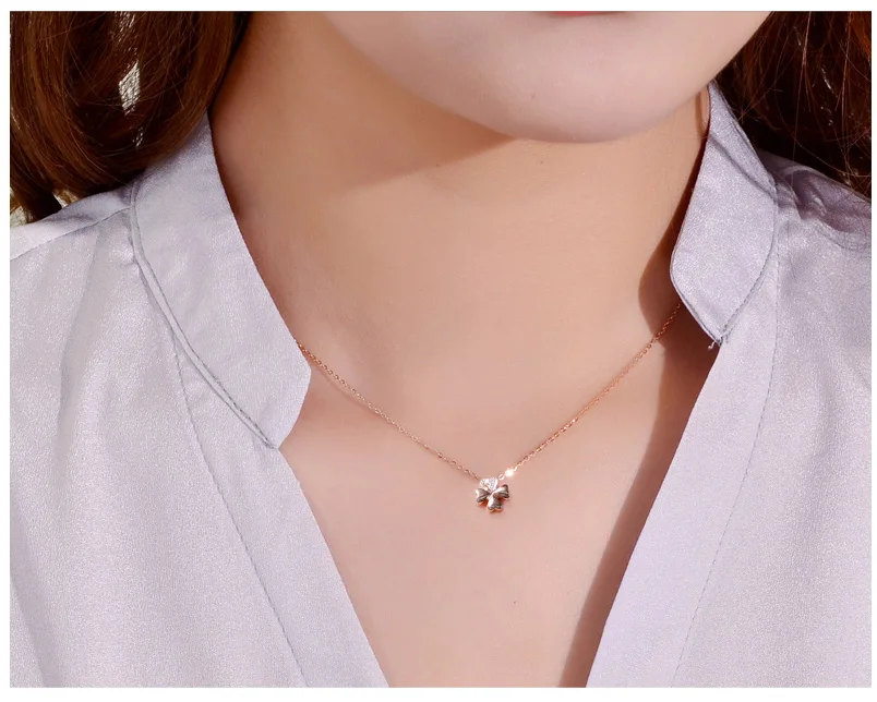 18k Gold Diamond Necklace Pendant Female Women Girl Miss Gift Chain Charm Clover Trendy Party Rose White Yellow drop shipping