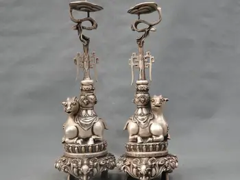 

13'' China Silver Bronze a pair of goat Candle lamp Bronze Statue