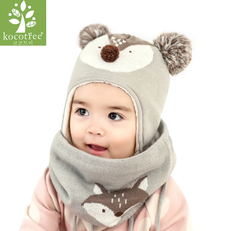 

Kocotree 2pcs/lot Children Winter Hat And Scarf Autumn kids Boys Girls Animal Fox Knitted Cap Skullies Beanies Circle Scarf