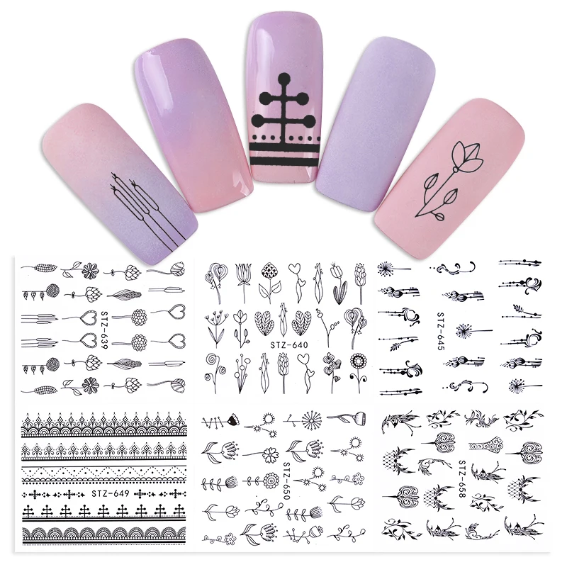 

6 Sheets Nail Stickers Mixed Shape Printing Nail Art Sticker Necklace Geometry Flower Water Transfer Decals Nails Decoration