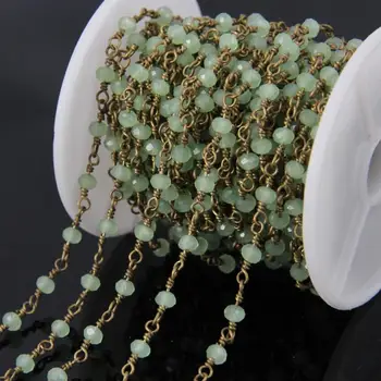 

5Meter Light Green color beaded links chains,Faceted Rondelle Chains supplies,Brass Plated Wire Wrapped Rosary Chain 3x4mm