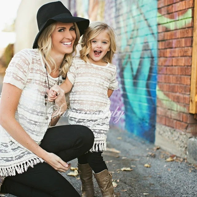 white White Lace Matching Mother Daughter Clothes Dress Mom and