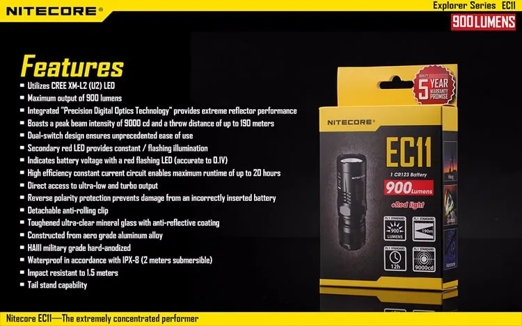 NITECORE EC11 Mini EDC 900 люмен XM-L2 U2 светодиодный вспышка светильник Водонепроницаемый поиск небольшой фонарь Пеший Туризм Портативный прогулочная походный светильник