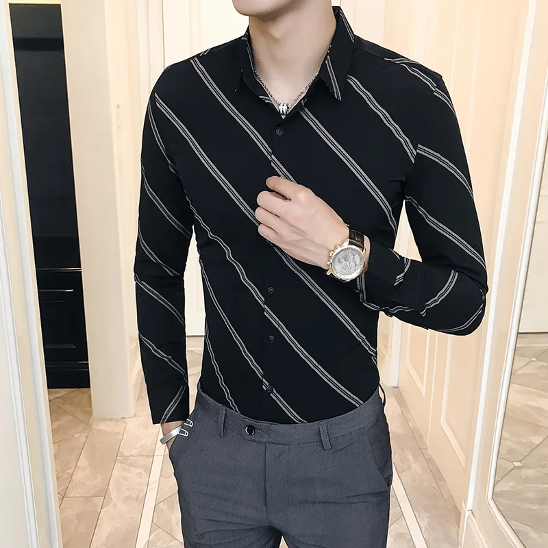 Garis Garis Hitam Putih Bergaris Pria Kemeja 2018 Mens