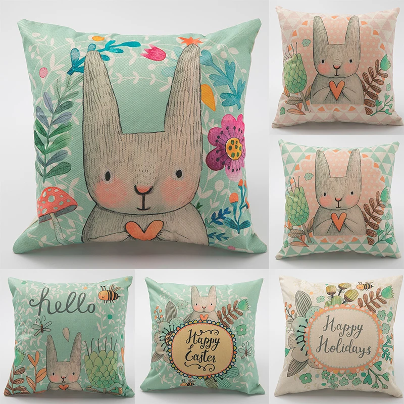 

Flax cute Pillow Case rabbit Printed Decorative Pillow case Linen Breathable Pillow Cover Sofa Home Pillowcase 45*45cm