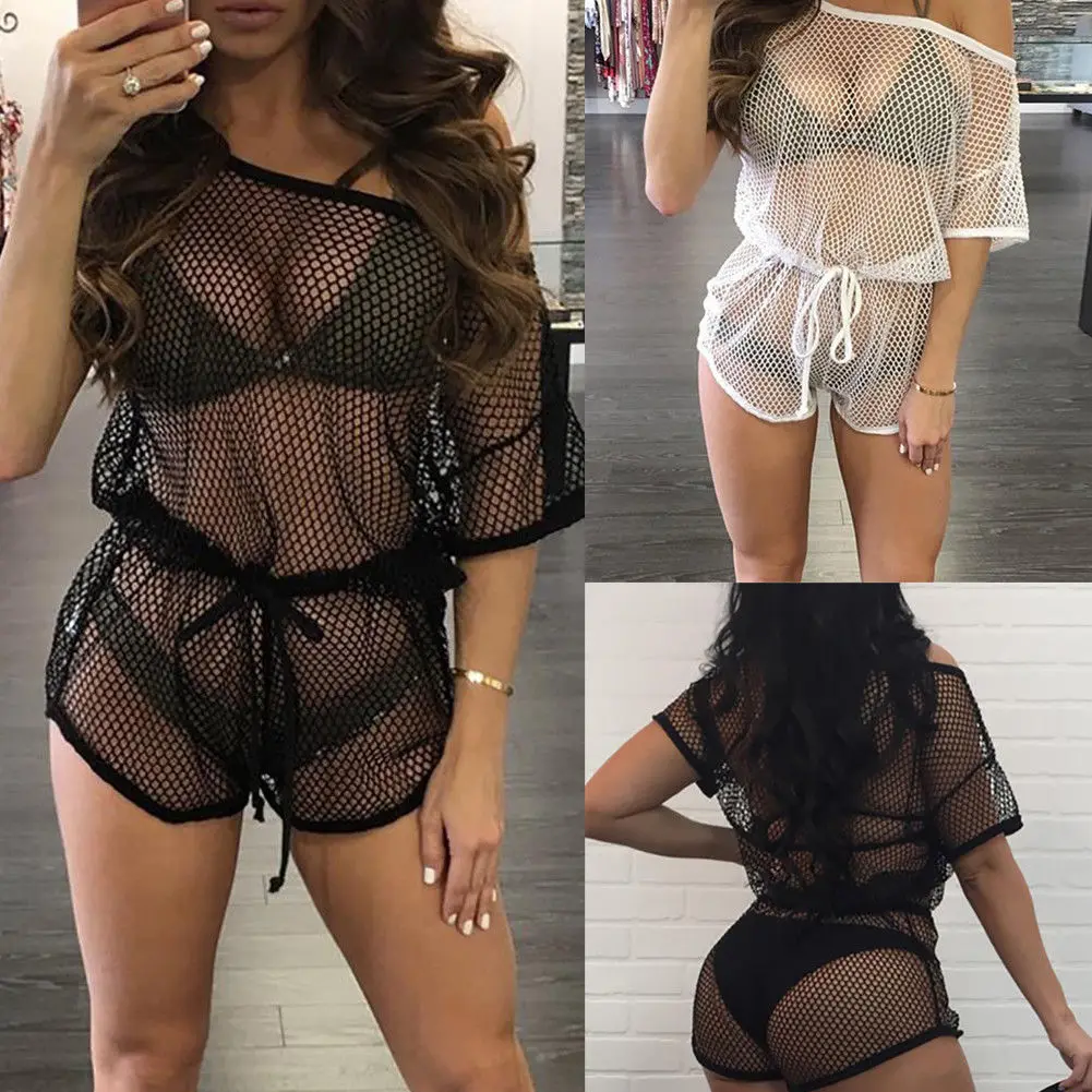 

2019 Women Sexy Fishnet Romper Bodysuit Crochet Bikini Cover Up Jumpsuit Swimwear Bathing Suit Beach Dress