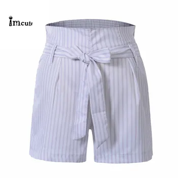 

2019 Women Holiday Lace Up Bandage Ladies Shorts New Pants Summer Casual Loose Shorts Bow Beach High Waist Striped Short