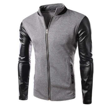 

2018 Spring Zip Cardigan Jacket Mens Slim PU Leather Stitching Casual Jacket with Korean Fashion Personality Baseball Uniform