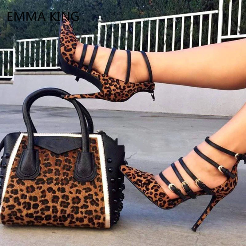 

Leopard Zipper Ladies Pumps Office Sexy Women Suede Pointed Toe Stiletto High Heels Fashion Ankle Strap Party Casual Shoes