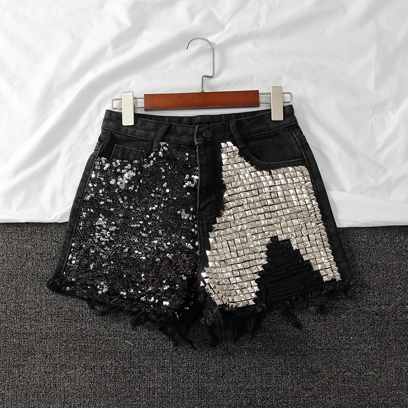 

2019 summer new high waist slimming wide leg sequined rivet denim shorts