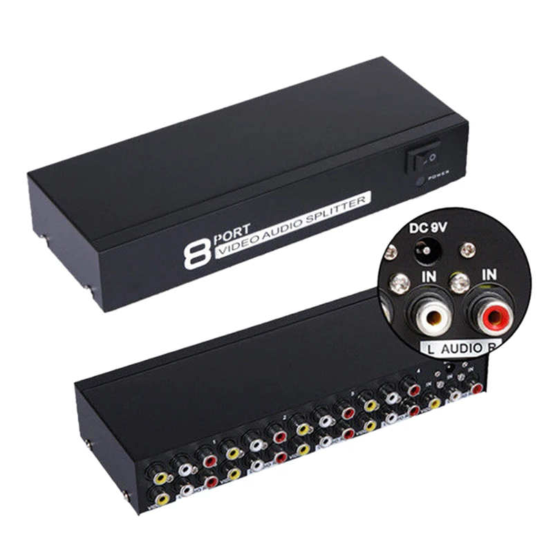 

8 Ports 1 In 8 Out 8 ways 3 RCA AV Audio Video Splitter Amplifier Box for TV Box HDTV DVD Switch Switcher Selector Splitter