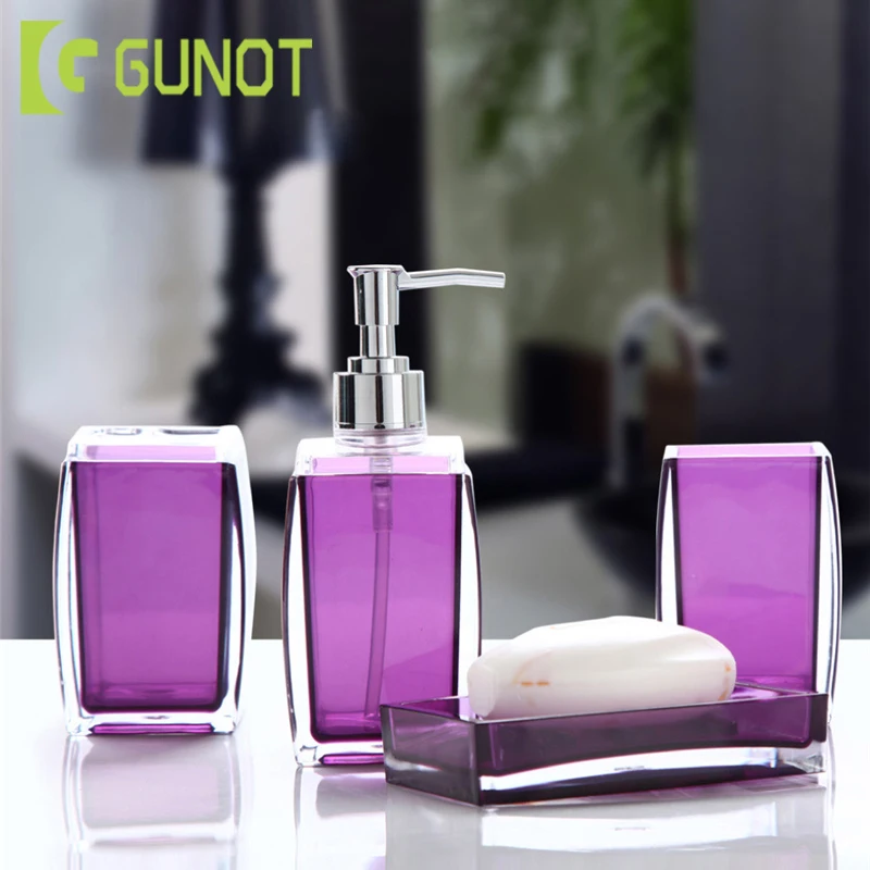 

GUNOT 4Pcs/Set Simple Acrylic Solid Color Bathroom Set Soap Dispenser/Toothbrush Holder/Tumbler/Soap Dish Bathroom Wash Products