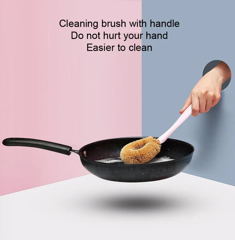 Natural Coconut Long Handle Cleaning Brush Non-stick Oil Pot Brushes Dish Washing Oil Kitchen Cleaning Brush 4 Colors  (10)