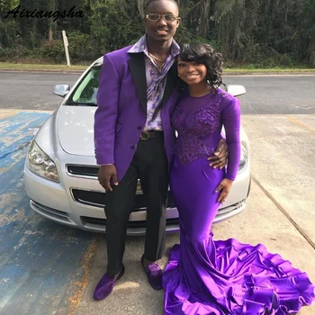 

Elegant Long Sleeves Plus Size Mermaid Purple Prom Dress 2019 Train Sheer Lace Appliques Beaded Black Girl