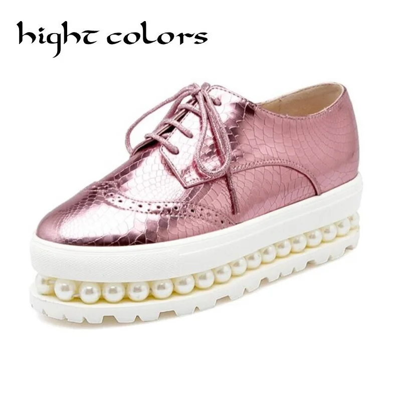 Sliver Pink Oxfords Shoes Woman 2018 Platform Creepers Patent Leather