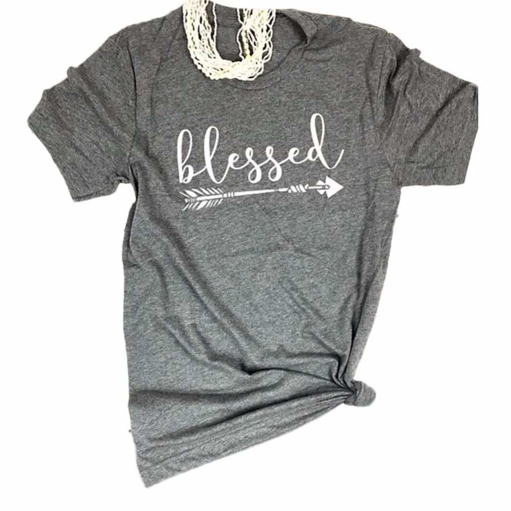 

Shiping-free Blessed Arrow Printed Short Sleeve T-Shirt Fashion Women Blessed Arrow Letters Printed Short Sleeve Tops Tee TShirt