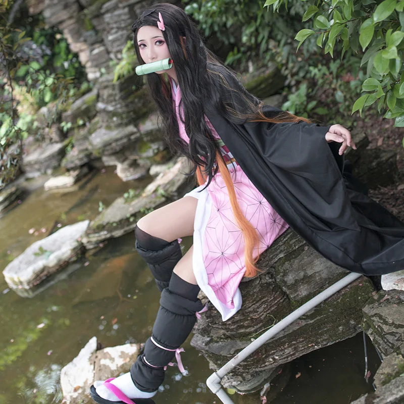Аниме Demon Slayer Kamado Nezuko Косплей костюмы Kimetsu no Yaiba женское Розовое Кимоно на Хэллоуин