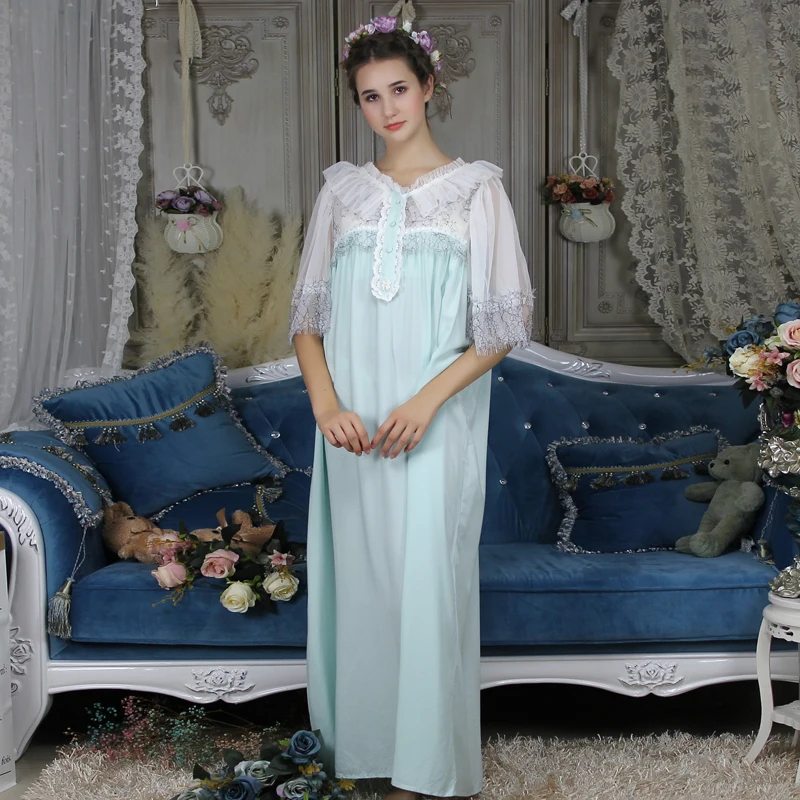 

New 2018 Nightgown Sleepwear Woman Long Dress Homewear Ankle Length Night Gown Dress Lace Long Nightdress Retro sweet