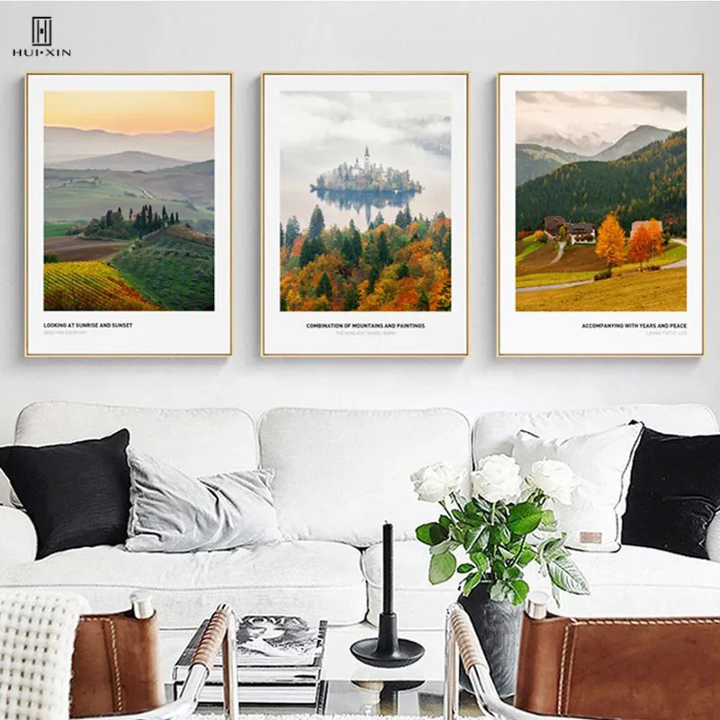 

Nordic Natural Scenery Style Wall Paintings Art Decorative Canvas Posters Of Yellow Wheat The Castle In The Lake For Home Decor
