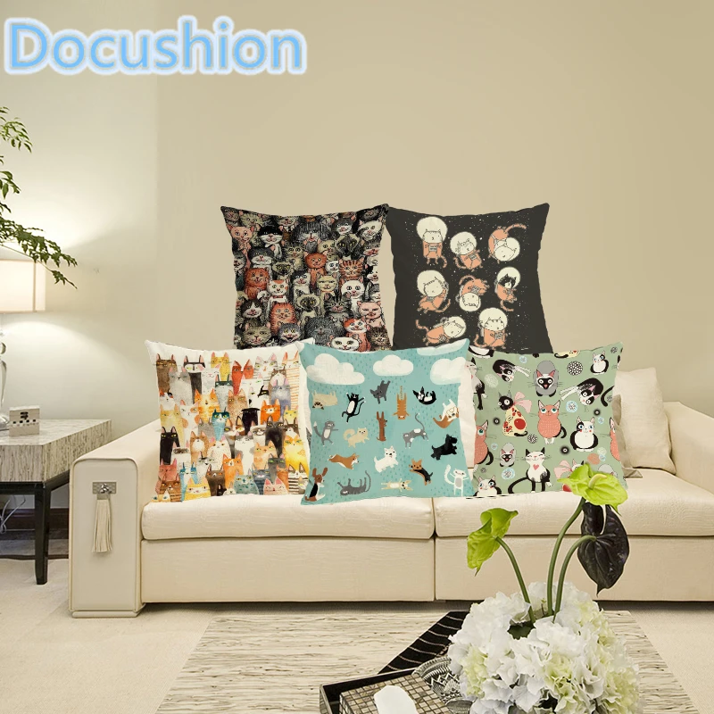 

2015 New Linen Cushion Cartoon Cat Printed 43x43cm For Sofa Decorative Cotton Throw Sofa Decor Couch decorative pillows Cojines