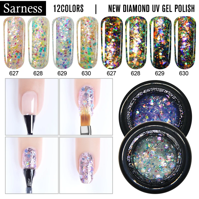 

Sarness New Diamond UV Gel Nail Polish Gold Bright 3D Glossy Brilliant Soak Off Nail Varnish Platinum Glitter Gel Shiny Lacquer