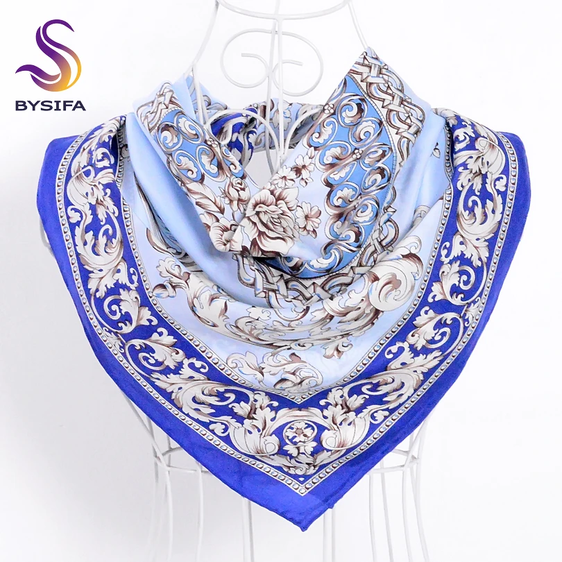 

[BYSIFA] Blue White Silk Scarf Ladies Shawl Chinese Style Classic Flowers 100% Silk Twill Square Scarves Wraps For Spring Autumn