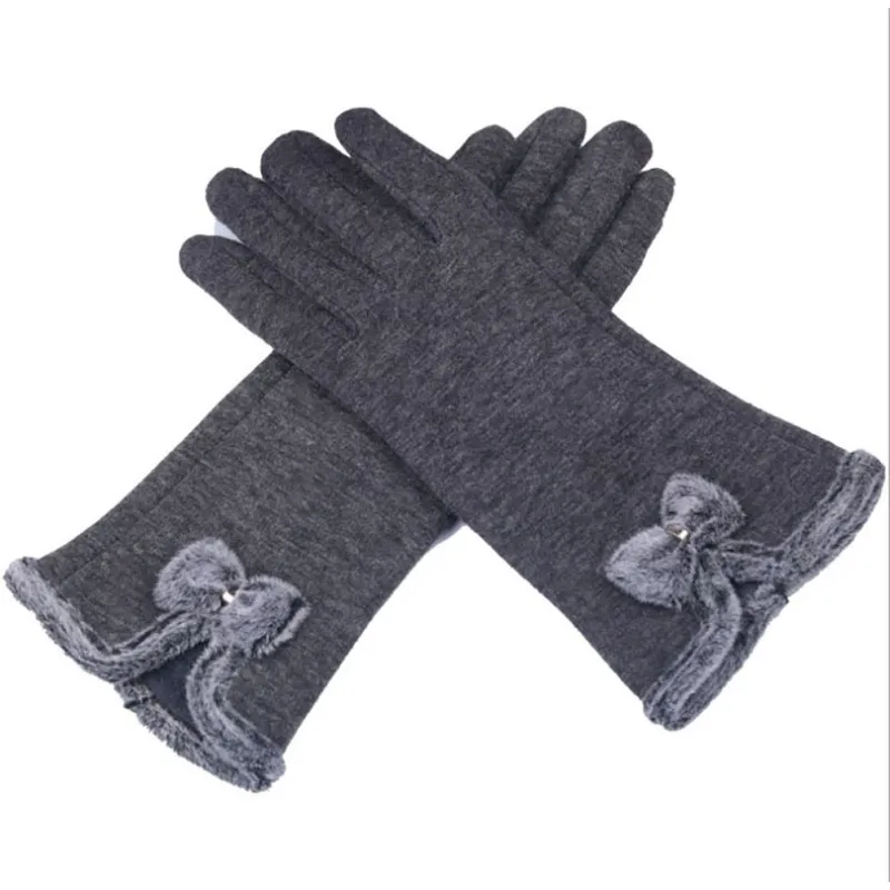Элегантные женские перчатки для сенсорного экрана, шерстяные перчатки, женские милые варежки с бантом, теплые зимние кашемировые перчатки для девочек, Новинка - Цвет: Grey