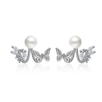 

XIYANIKE 925 Sterling Silver Jewelry Pearl Front Back Double Sided Butterfly Zircon Stud Earrings For Women Gift Trendy Cute